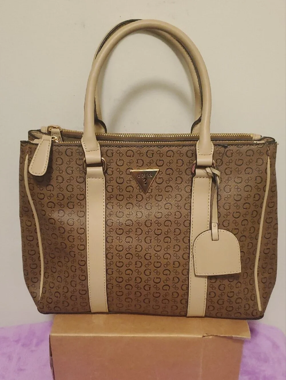 GUESS Brown Monogram Satchel with Cream Trim and Gold Hardware